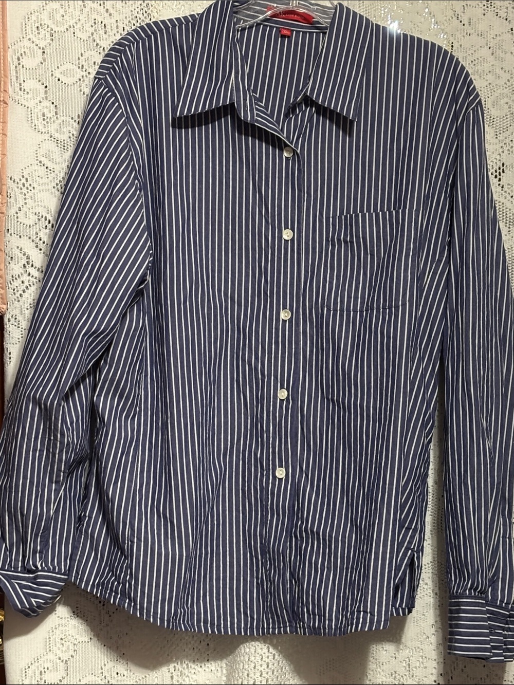 Anne Klein Navy and White Vertical Stripe Button-Down Shirt size XL